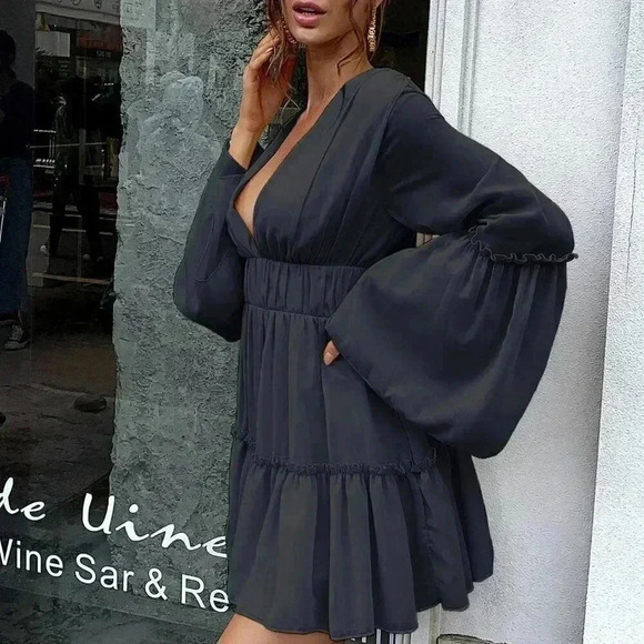 Black Sexy Women's Plunging Neck Frill Ruffle Hem Chiffon Dress - Picture 4 of 6